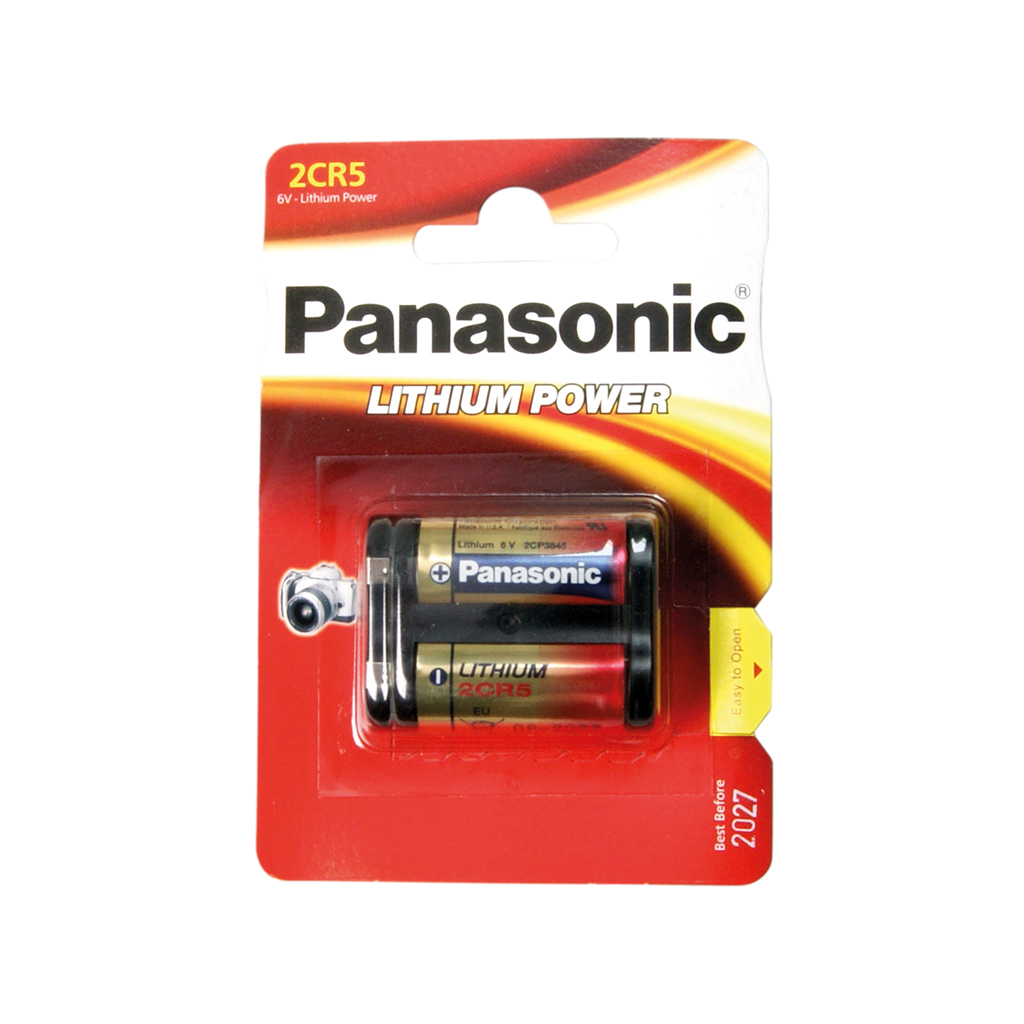 PANASONIC - 2CR5. Batteria al litio prismatica | fiaschetta di Li-MnO2. Gamma  consumatore. Modello 2CR5. Tensione nominale: 3Vdc. Capacità: 1,300Ah