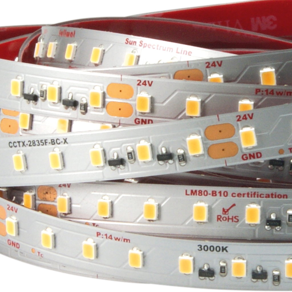 FULLWAT - CCTX-2835F-BC-X. LED-Streifen  sun spectrumspeziell für dekoration | beleuchtung. Reihe professionell . Warmweiß - 3000K. CRI>98 - 24Vdc - 14W/m- 1155 Lm/m - IP20 - 98 led/m- 5m