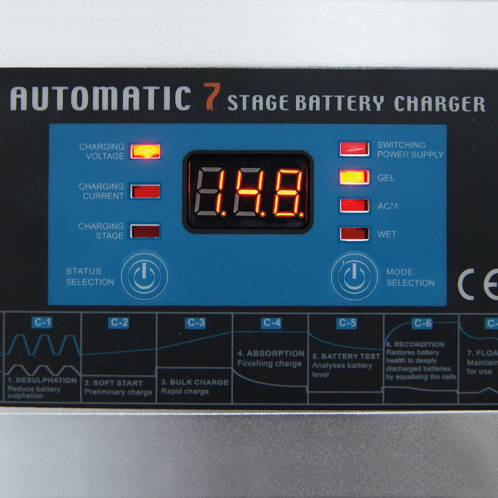 FULLWAT - CMF-7C12-50C.  Lead-acid battery charger. For Calcium | Gel | AGM types. Input voltage: 190 ~ 265 Vac  - Output voltage: 12 Vdc.