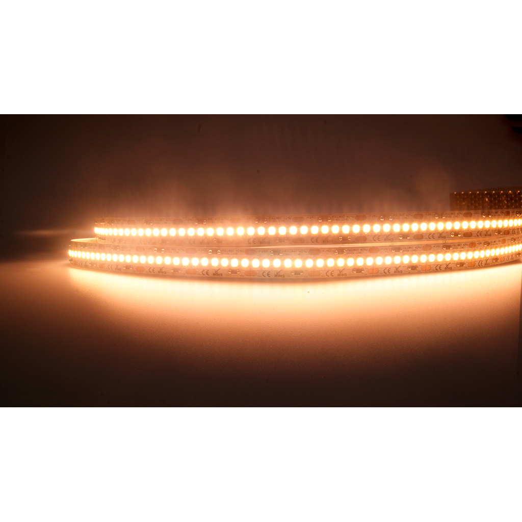 FULLWAT -  DOMOX-2835-21-HGP3X.  Fita LED  normal  especial para decoração | iluminação . Série standard .  Branco extra quente - 2100K.  CRI>80 - 24Vdc - 19,2W/m- 2160 Lm/m - IP20 - 240 led/m - 5m