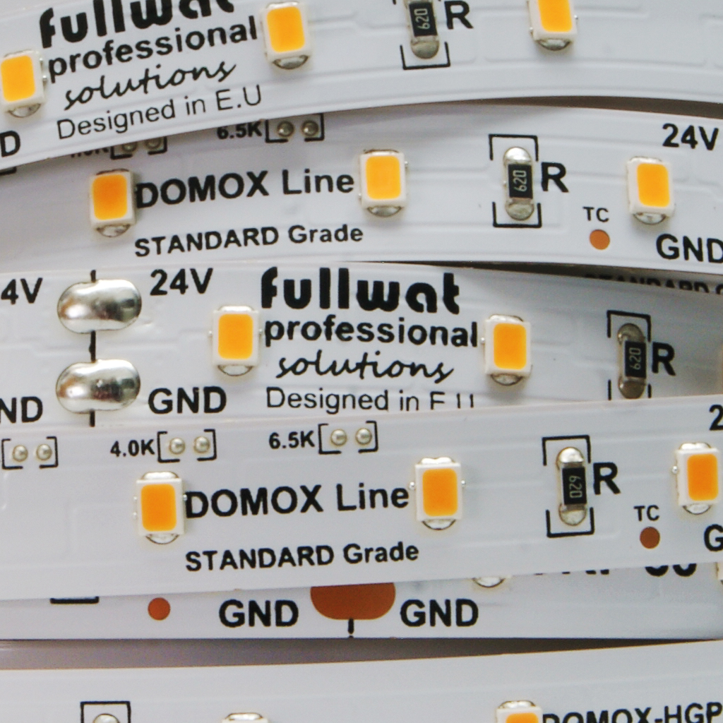 FULLWAT - DOMOX-2835-21-HGPX. LED strip for decoration | lighting application. Standard Series. 2100K Extra-warm white. 24Vdc - 12W/m - 60 led/m - 1080 Lm/m - CRI>80 - IP20 - 5m
