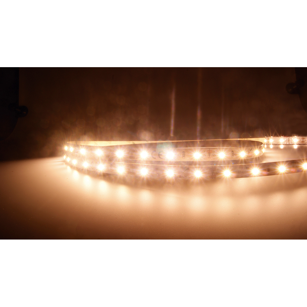 FULLWAT -  DOMOX-2835-23-001.  Fita LED  normal  especial para decoração | iluminação . Série standard .  Branco extra quente - 2300K.  CRI>83 - 12Vdc - 3W/m- 400 Lm/m - IP20 - 60 led/m - 5m