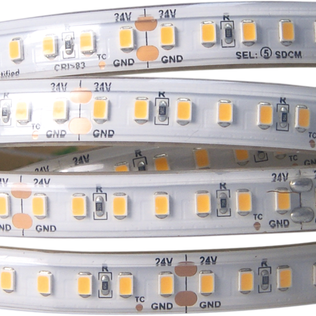 FULLWAT - DOMOX-2835-BC-003WPX. Striscia LED standard speciale per decorazione | illuminazione. Serie standard. 3000K - Bianco caldo.  - 24Vdc - 13W/m - 140 led/m - 1455 Lm/m - CRI>80 - IP67- 5m
