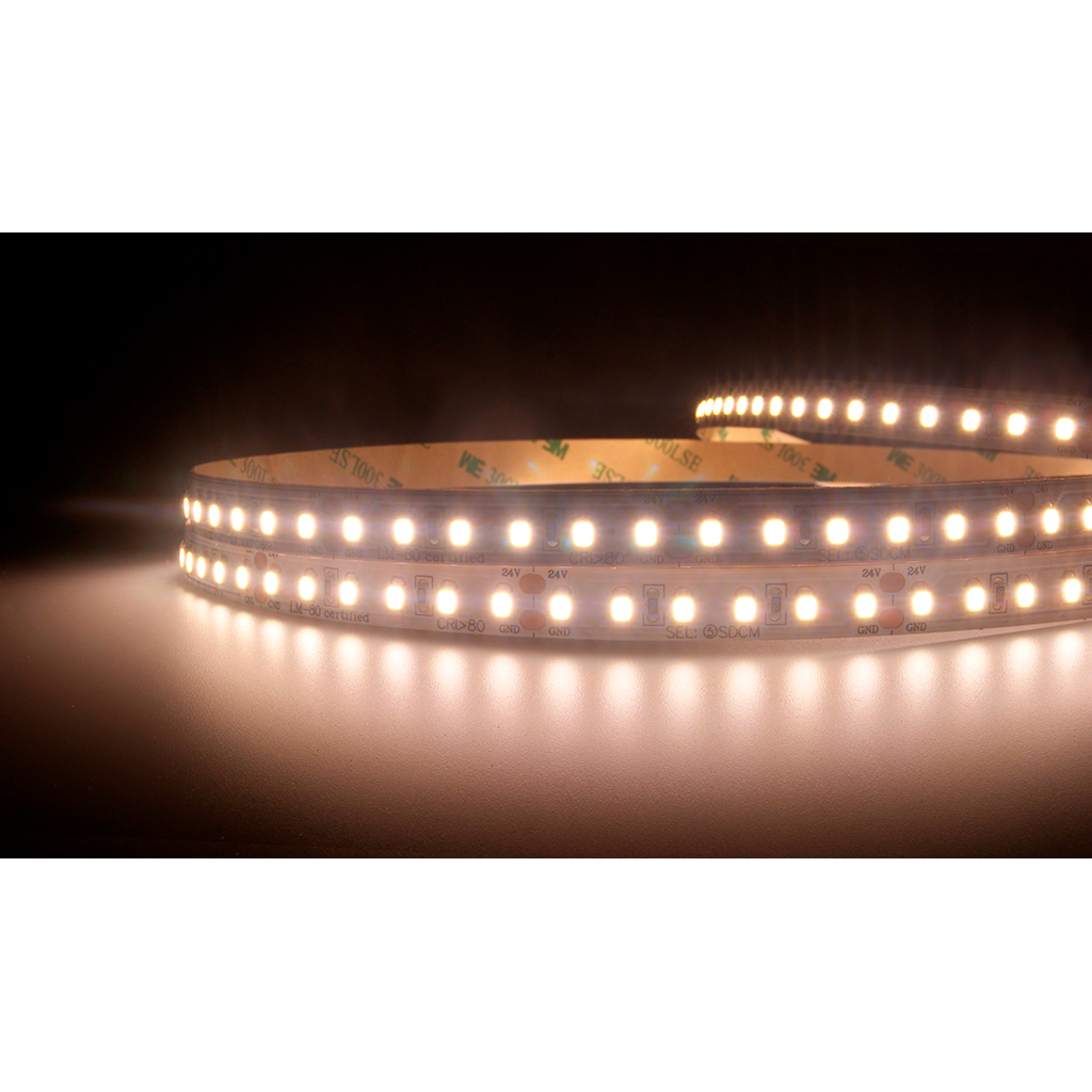 FULLWAT - DOMOX-2835-BC-HGP2X. LED-Streifen  normalspeziell für dekoration | beleuchtung. Reihe standard . Warmweiß - 3000K. CRI>80 - 24Vdc - 19,2W/m- 2040 Lm/m - IP20 - 120 led/m- 5m