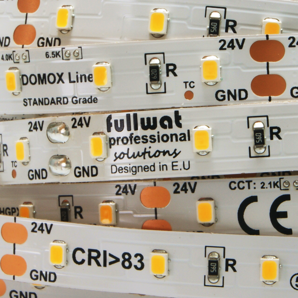 FULLWAT - DOMOX-2835-BC-HGPX. LED strip for decoration | lighting application. Standard Series. 3000K Warm white. 24Vdc - 12W/m - 60 led/m - 1260 Lm/m - CRI>80 - IP20 - 5m