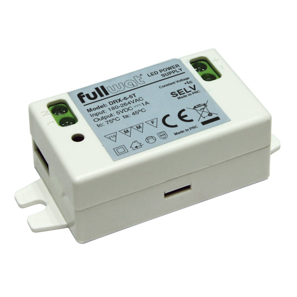 FULLWAT - DRX-6-5T. 5W switching power supply, "Plastic box-covers" shape. AC Input: 180 ~ 264  Vac. DC Output: 5Vdc / 1A