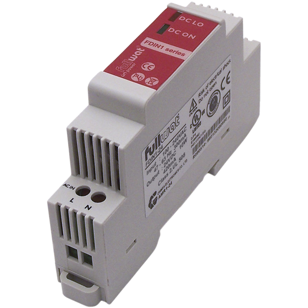 FULLWAT - FDIN1-24. 10W switching power supply, "DIN rail" shape. AC Input: 90 ~ 264 Vac. DC Output: 24Vdc / 0,42A