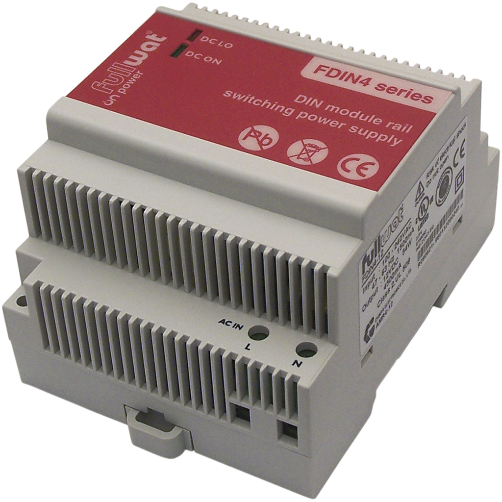 FULLWAT - FDIN4-12. 54W switching power supply, "DIN rail" shape. AC Input: 90 ~ 264 Vac. DC Output: 12Vdc / 4,5A