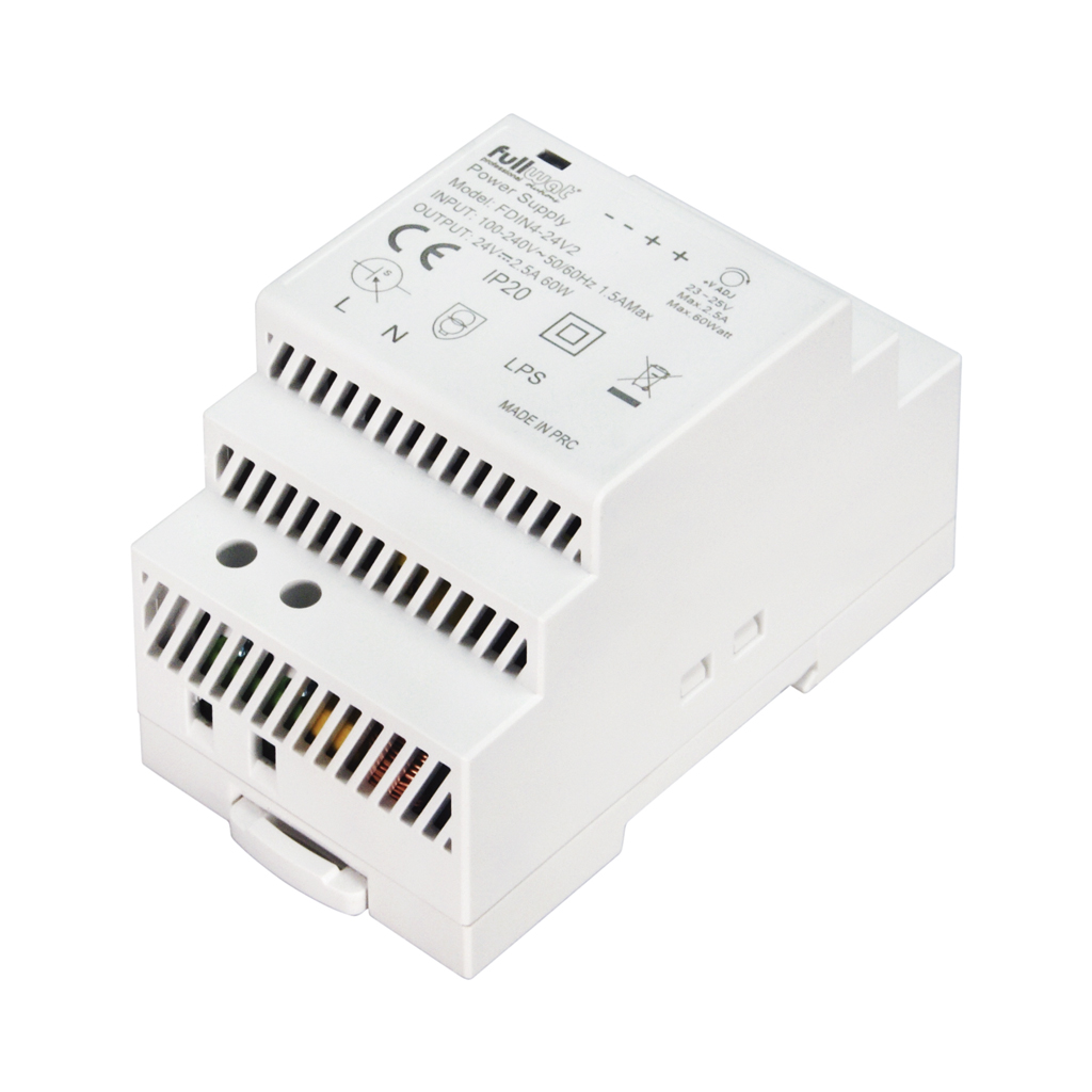 FULLWAT - FDIN4-24V2. 60W switching power supply, "DIN rail" shape. AC Input: 100 ~ 240 Vac. DC Output: 24Vdc / 2,5A