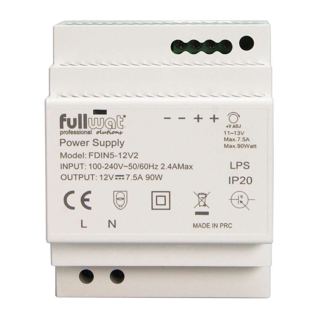 FULLWAT - FDIN5-12V2. 85,2W switching power supply, "DIN rail" shape. AC Input: 100 ~ 240 Vac. DC Output: 12Vdc / 7,1A