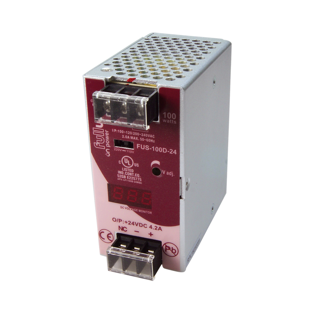 FULLWAT - FUS-100D-24. 100W switching power supply, "DIN rail" shape. AC Input: 90 ~ 132 | 180 ~ 264  Vac. DC Output: 24Vdc / 4,2A