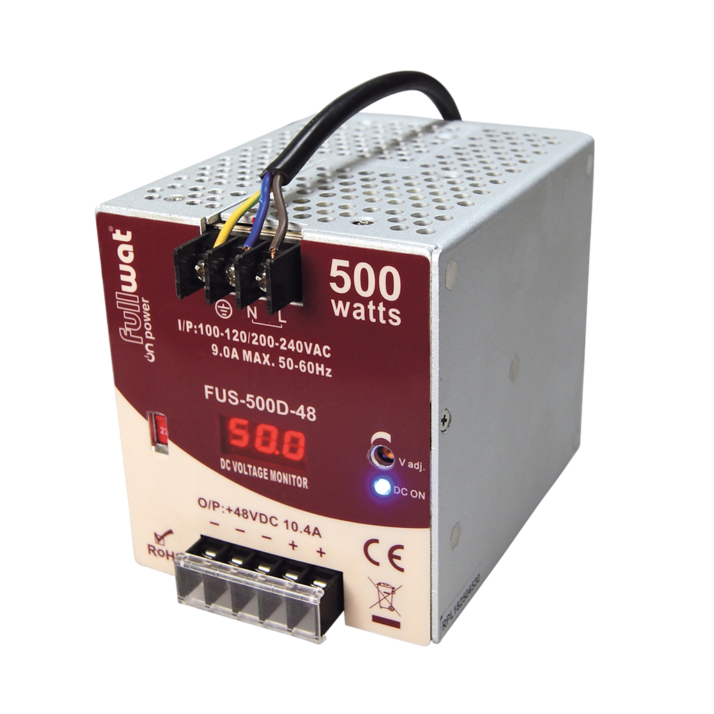 FULLWAT - FUS-500D-48. 500W switching power supply, "DIN rail" shape. AC Input: 90 ~ 132 | 180 ~ 240  Vac. DC Output: 48Vdc / 10,4A