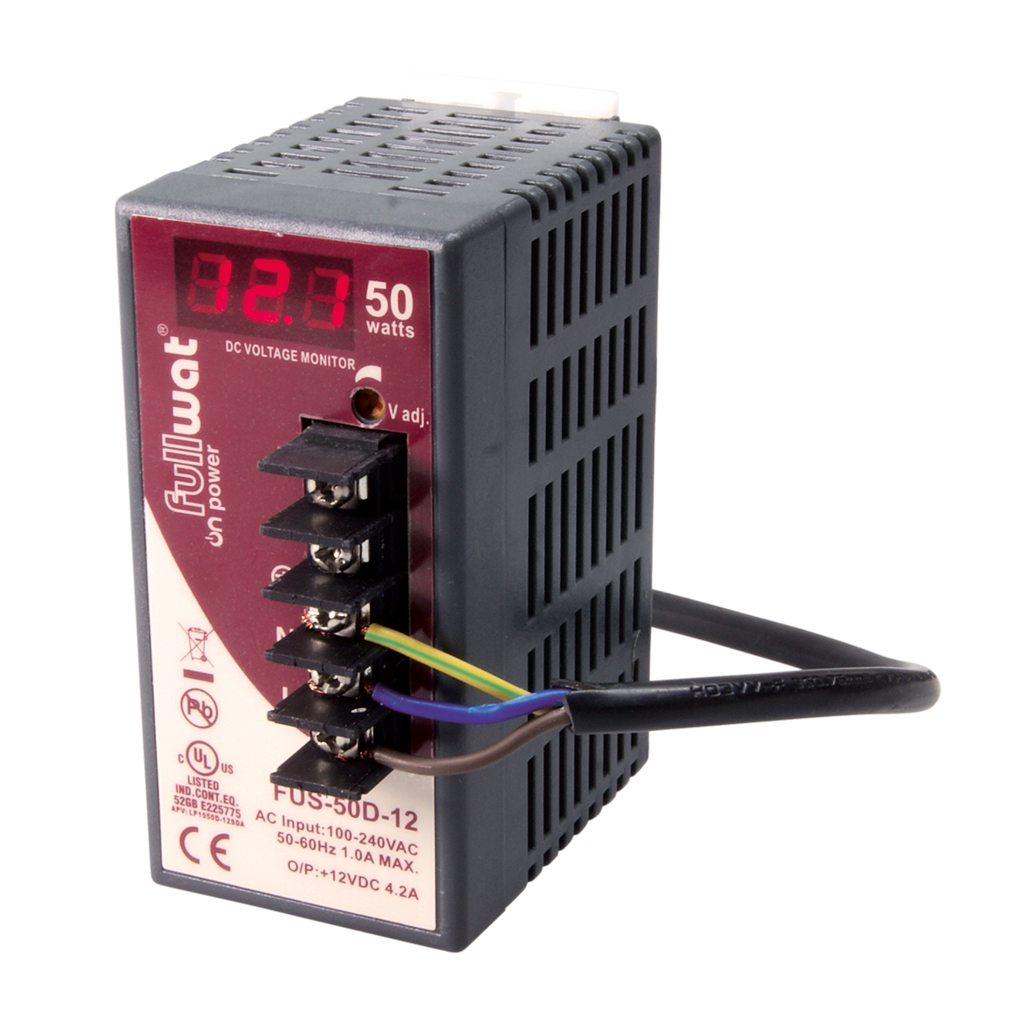 FULLWAT - FUS-50D-12. 50W switching power supply, "DIN rail" shape. AC Input: 90 ~ 264 Vac. DC Output: 12Vdc / 4,2A