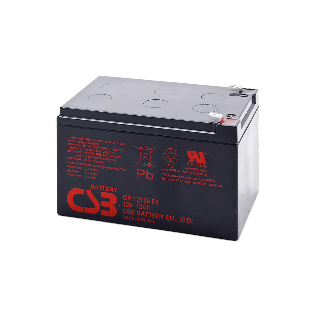 CSB - GP12120. Bateria recarregável de Ácido de chumbo en tecnologia AGM-VRLA. Série GP. 12Vdc / 12Ah para utilização e uso  estacionário 