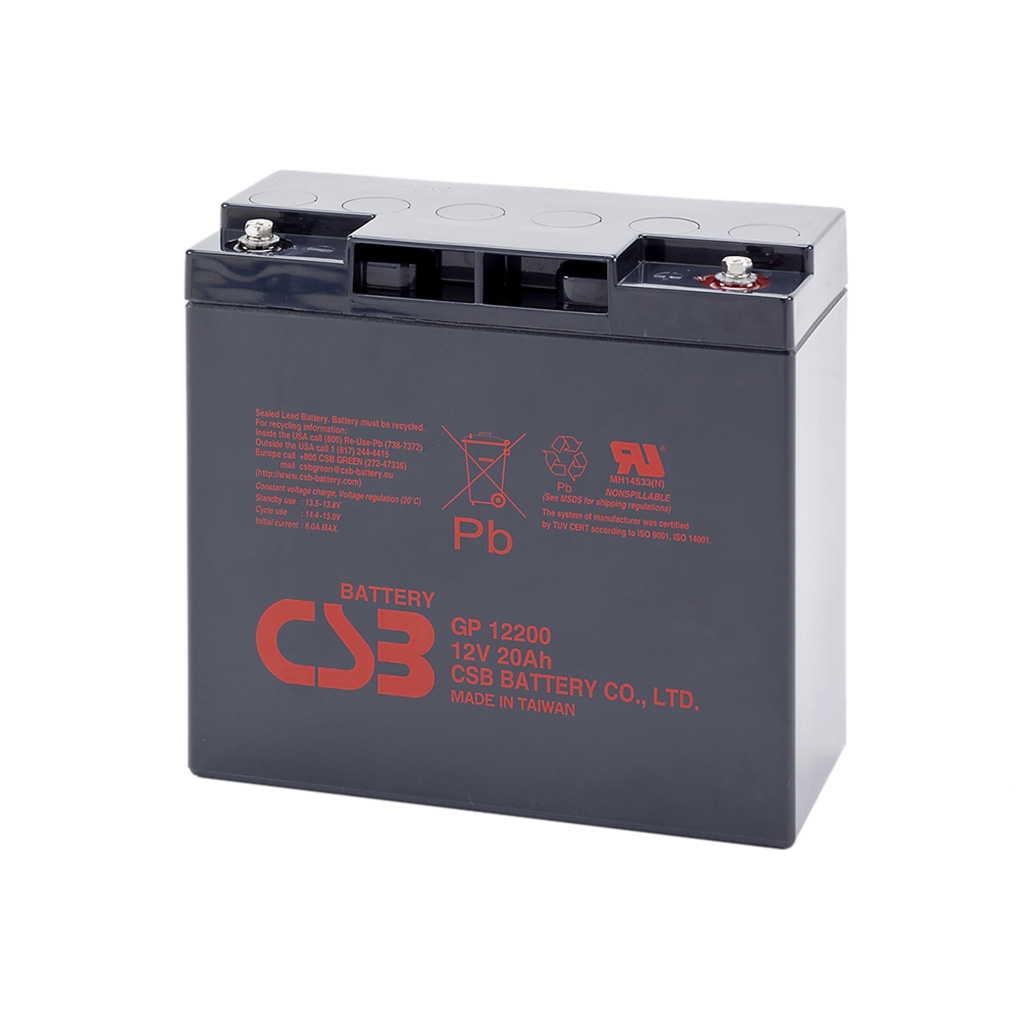 CSB - GP12200. Lead Acid rechargeable battery. AGM technology. GP series. 12Vdc. / 20Ah  Stationary application.