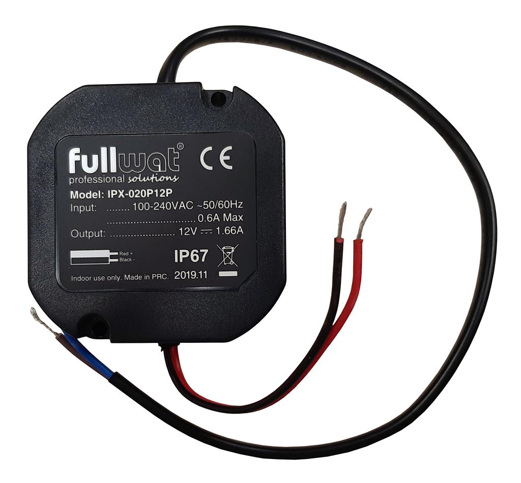 FULLWAT - IPX-020P12P. 20W switching power supply, "Waterproof Module" shape. AC Input: 90 ~ 264 Vac. DC Output: 12Vdc / 1,66A
