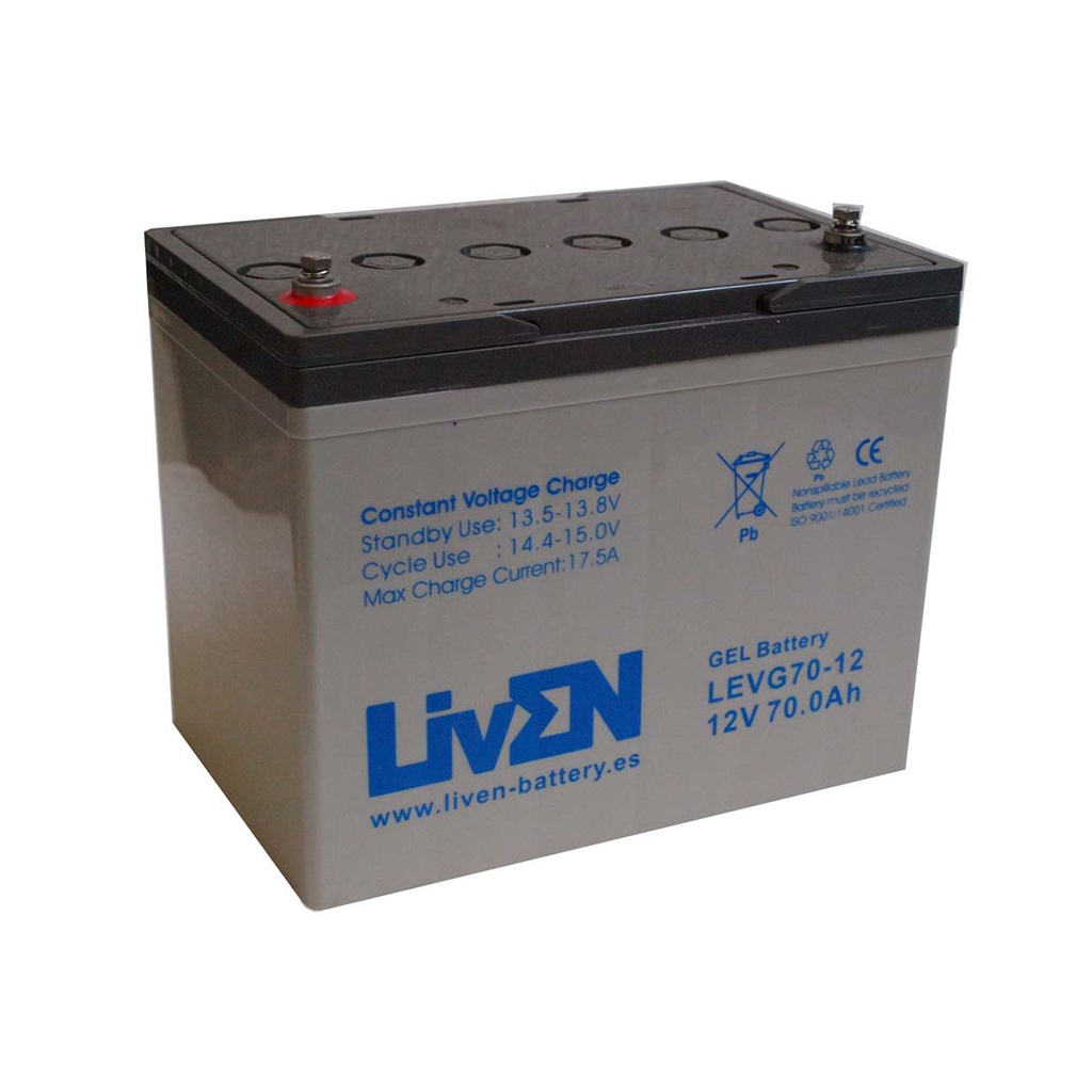 LIVEN - LEVG70-12. Bateria recarregável de Ácido de chumbo en tecnologia GEL-VRLA. Série LEVG. 12Vdc / 70Ah para utilização e uso  cíclica 