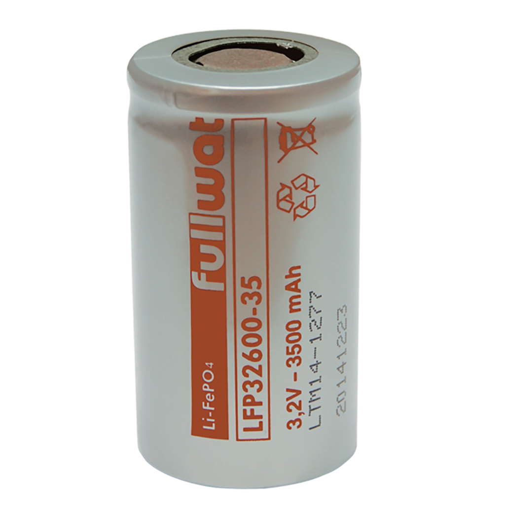 FULLWAT - LFP32600-35.Rechargeable Battery cylindrical of Li-FePO4. Product Series industrial. Model D. 3,2Vdc / 3,500Ah