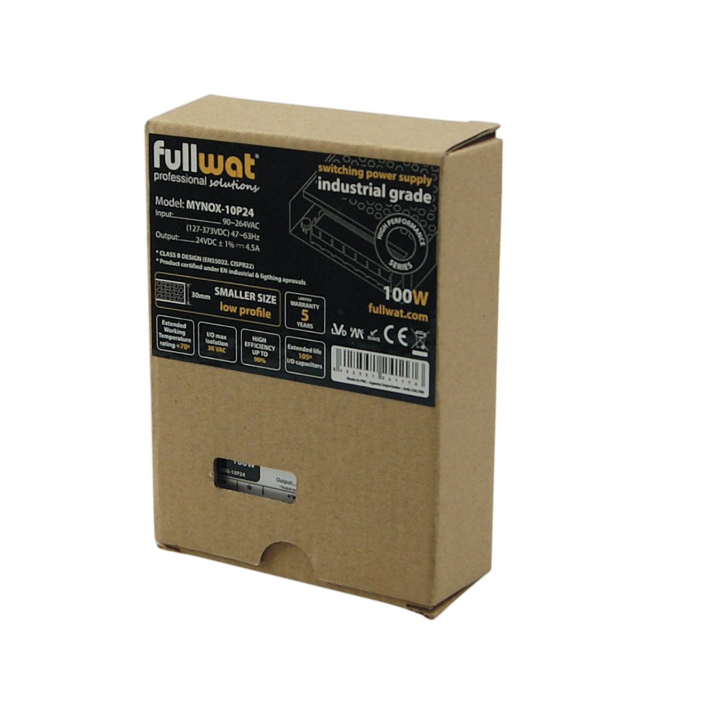 FULLWAT - MYNOX-10P24. 100W switching power supply, "Metal grid" shape. AC Input: 90 ~ 264 Vac. DC Output: 24Vdc / 4,5A