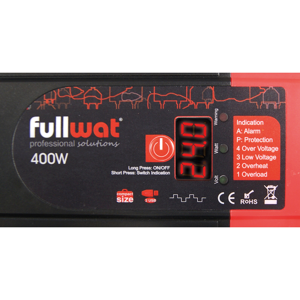 FULLWAT - PDA400-24D. Convertidor de tensión DC/AC de 400W de onda senoidal modificada. Entrada: 22 ~ 30Vdc. Salida: 220 ~ 240Vac