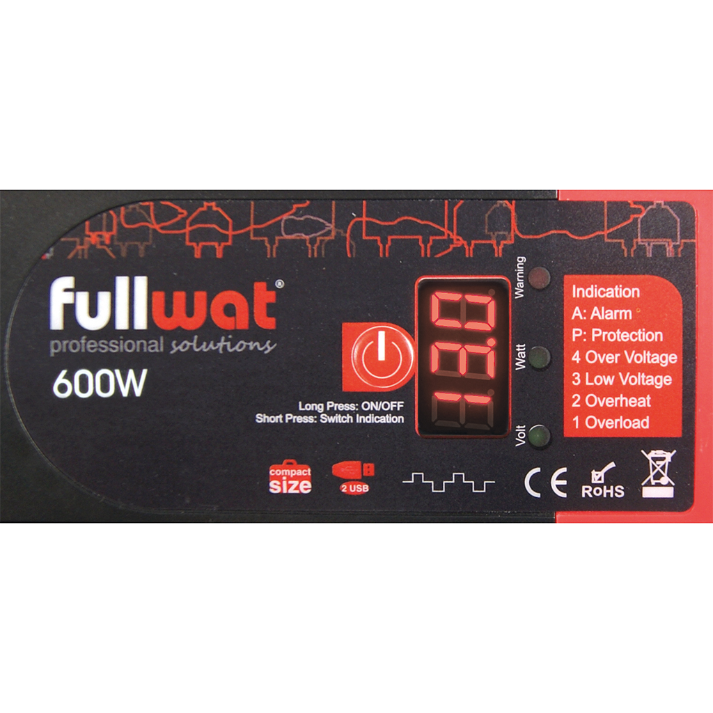 FULLWAT - PDA600-12D. Convertidor de tensión DC/AC de 600W de onda senoidal modificada. Entrada: 11 ~ 15Vdc. Salida: 220 ~ 240Vac