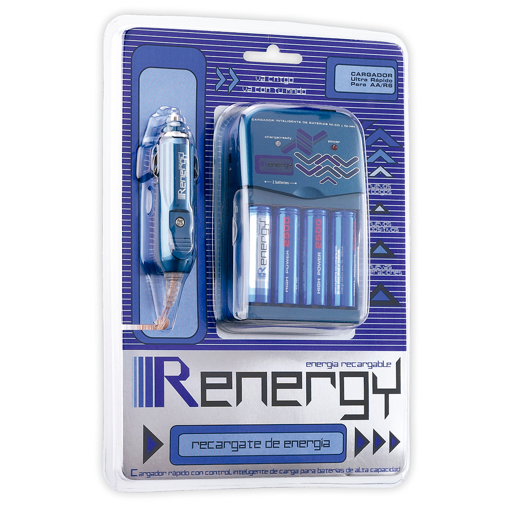 RENERGY - REC001-4X2500. Cargador para baterías de tipo R6 / AA de tecnología Ni-Cd | Ni-MH. Entrada 100 ~ 240 Vac : 12 ~ 13,8Vdc