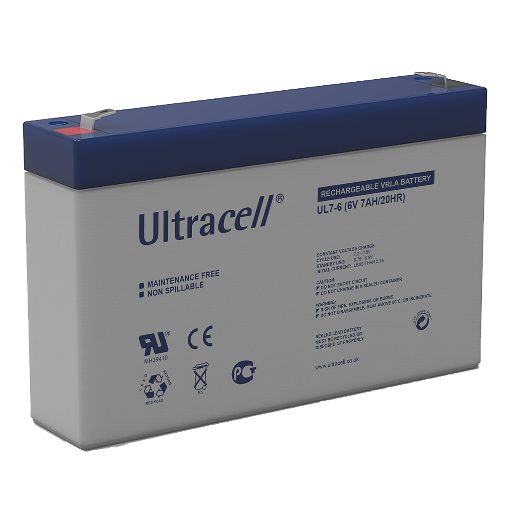 ULTRACELL - UL7-6. Lead Acid rechargeable battery. AGM technology. UL series. 6Vdc. / 7Ah  Stationary application.