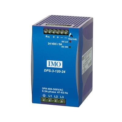 IMO - DPS-3-120-24VDC. 120W switching power supply, "DIN rail" shape. AC Input: 340 ~ 575 Vac. DC Output: 24Vdc / 5A
