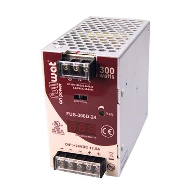 FULLWAT - FUS-300D-24. 300W switching power supply, "DIN rail" shape. AC Input: 90 ~ 132 | 180 ~ 264  Vac. DC Output: 24Vdc / 12,5A