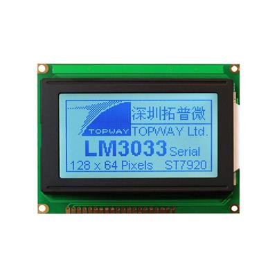 TOPWAY - LM3033DDW-0B. Single color chart LCD display. Transflective with STN-Gray and resolution 128 x 64mm. 5Vdc supply voltage. White background / Black color character.