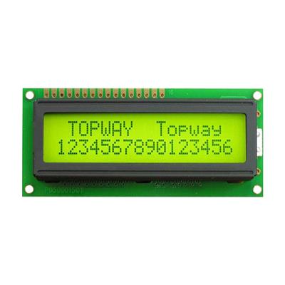 TOPWAY - LMB162ABC. Alphanumeric LCD display. Transflective with STN-YG and 2 x 16 characters. 5Vdc supply voltage. Yellow-Green background / Gray color character.