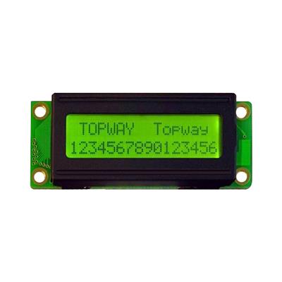 TOPWAY - LMB162XBC. Afficheur LCD alphanumérique. Transflectif type STN-YG et 2 x 16 caractères. Voltage d'alimentation 5Vdc. Fond Jaune-Vert / Caractère Gris