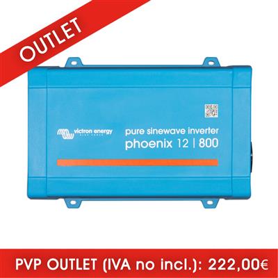 VICTRON - PHX-12/800-SCH. Convertisseur de voltage DC/AC 800W d' onde sinusoïdale pure. Voltege d'entrée: 10,5 ~ 15,5Vdc. Voltage de sortie: 223,1 ~ 236,9Vac